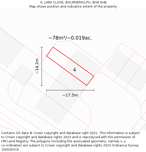 4, LARA CLOSE, BOURNEMOUTH, BH8 0HB: Plot and title map