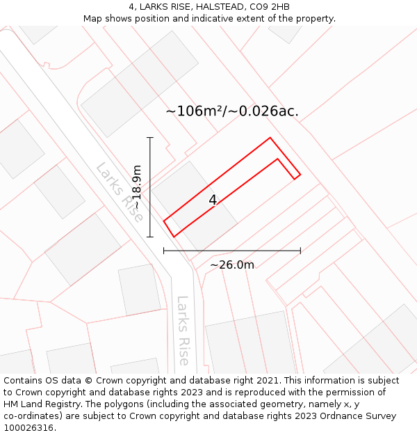 4, LARKS RISE, HALSTEAD, CO9 2HB: Plot and title map