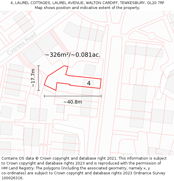 4, LAUREL COTTAGES, LAUREL AVENUE, WALTON CARDIFF, TEWKESBURY, GL20 7RF: Plot and title map