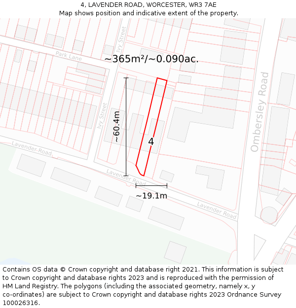4, LAVENDER ROAD, WORCESTER, WR3 7AE: Plot and title map