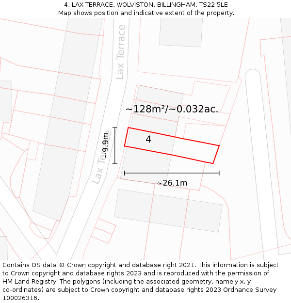4, LAX TERRACE, WOLVISTON, BILLINGHAM, TS22 5LE: Plot and title map
