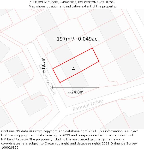 4, LE ROUX CLOSE, HAWKINGE, FOLKESTONE, CT18 7PH: Plot and title map