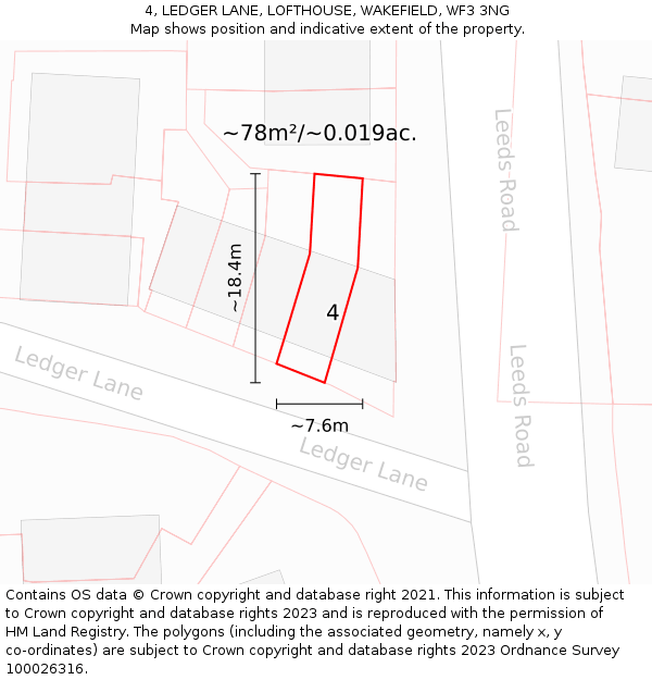 4, LEDGER LANE, LOFTHOUSE, WAKEFIELD, WF3 3NG: Plot and title map