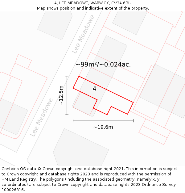 4, LEE MEADOWE, WARWICK, CV34 6BU: Plot and title map