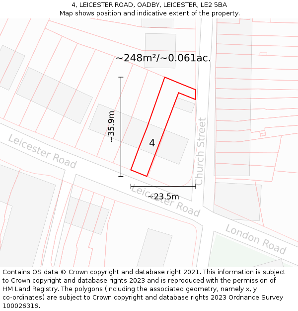 4, LEICESTER ROAD, OADBY, LEICESTER, LE2 5BA: Plot and title map