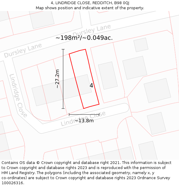 4, LINDRIDGE CLOSE, REDDITCH, B98 0QJ: Plot and title map