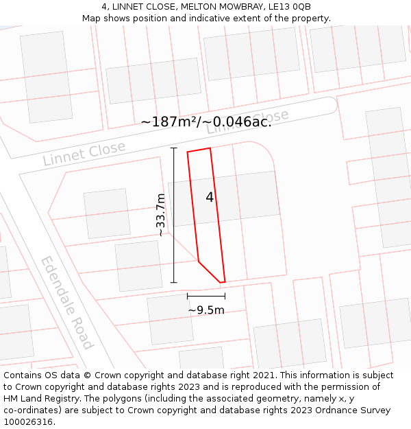 4, LINNET CLOSE, MELTON MOWBRAY, LE13 0QB: Plot and title map
