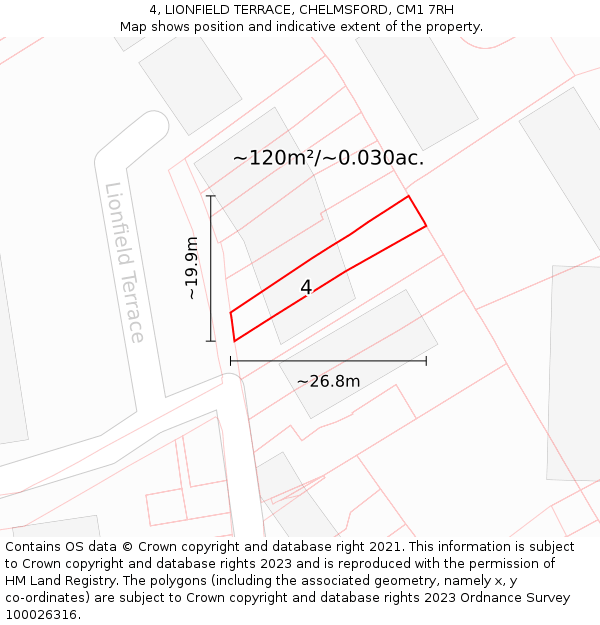 4, LIONFIELD TERRACE, CHELMSFORD, CM1 7RH: Plot and title map