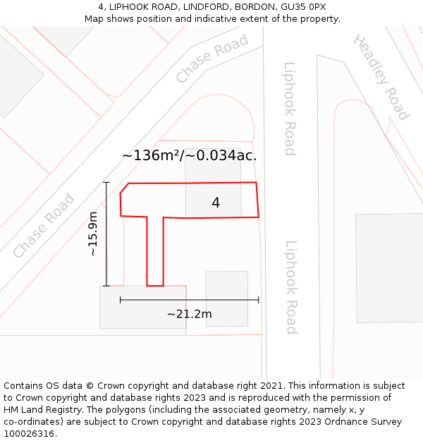 4, LIPHOOK ROAD, LINDFORD, BORDON, GU35 0PX: Plot and title map