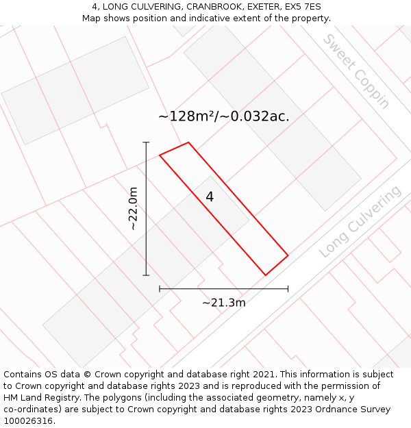 4, LONG CULVERING, CRANBROOK, EXETER, EX5 7ES: Plot and title map