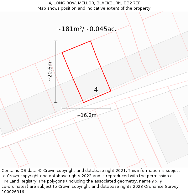 4, LONG ROW, MELLOR, BLACKBURN, BB2 7EF: Plot and title map