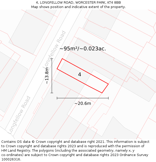 4, LONGFELLOW ROAD, WORCESTER PARK, KT4 8BB: Plot and title map