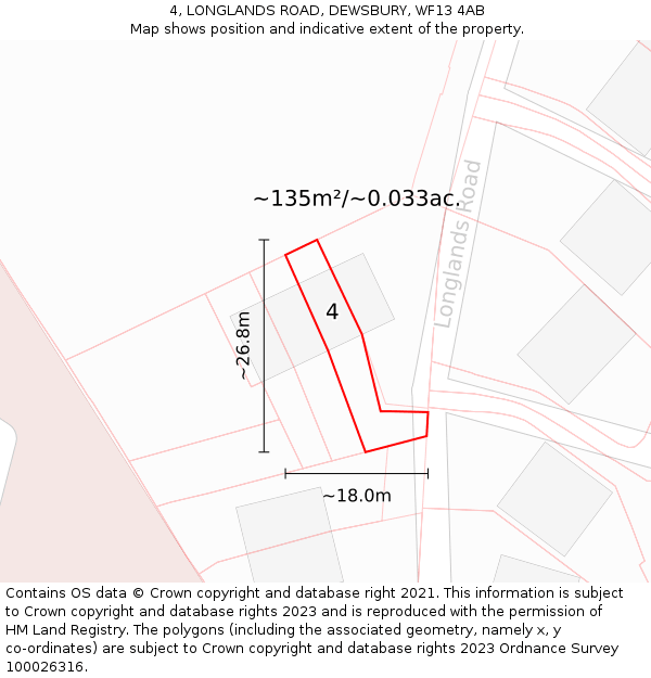 4, LONGLANDS ROAD, DEWSBURY, WF13 4AB: Plot and title map