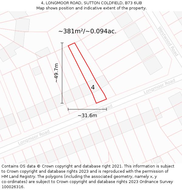 4, LONGMOOR ROAD, SUTTON COLDFIELD, B73 6UB: Plot and title map