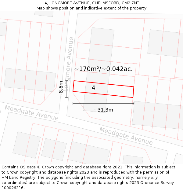 4, LONGMORE AVENUE, CHELMSFORD, CM2 7NT: Plot and title map