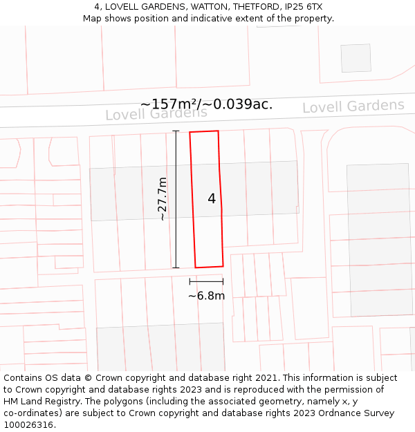 4, LOVELL GARDENS, WATTON, THETFORD, IP25 6TX: Plot and title map