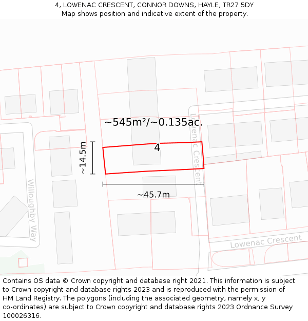 4, LOWENAC CRESCENT, CONNOR DOWNS, HAYLE, TR27 5DY: Plot and title map
