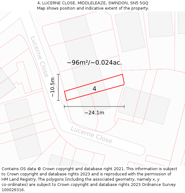 4, LUCERNE CLOSE, MIDDLELEAZE, SWINDON, SN5 5GQ: Plot and title map