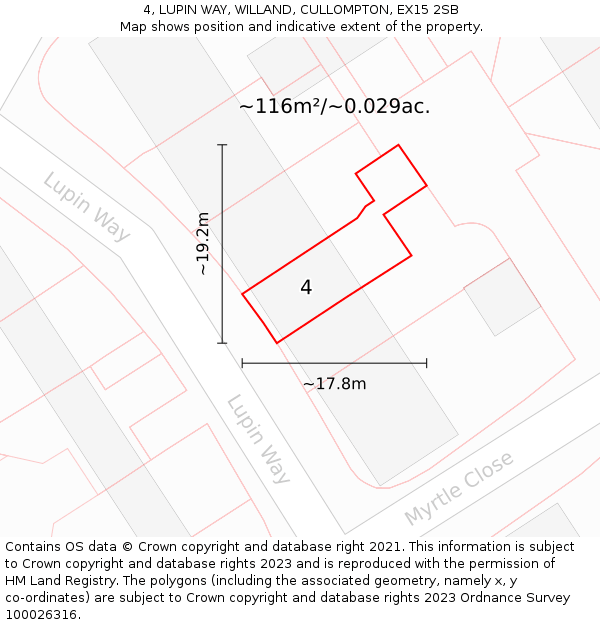 4, LUPIN WAY, WILLAND, CULLOMPTON, EX15 2SB: Plot and title map