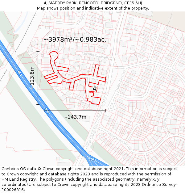4, MAERDY PARK, PENCOED, BRIDGEND, CF35 5HJ: Plot and title map