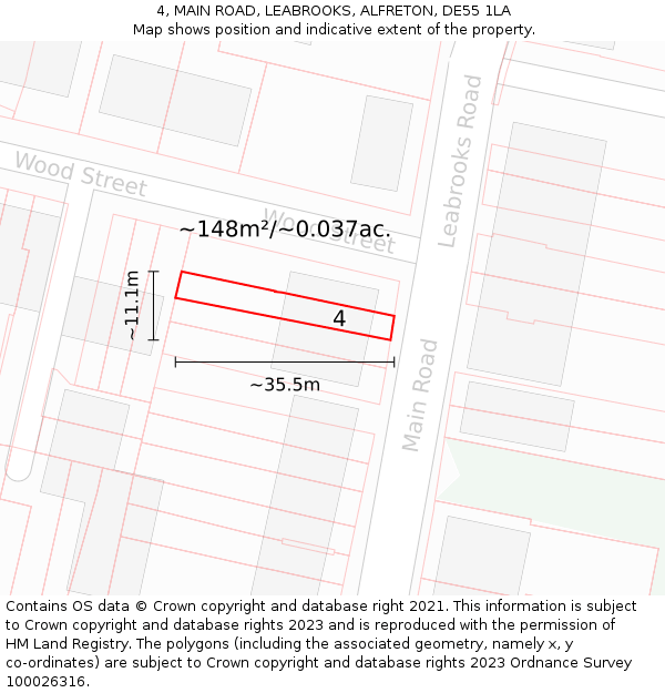 4, MAIN ROAD, LEABROOKS, ALFRETON, DE55 1LA: Plot and title map