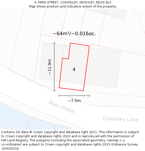 4, MAIN STREET, CONONLEY, KEIGHLEY, BD20 8LS: Plot and title map