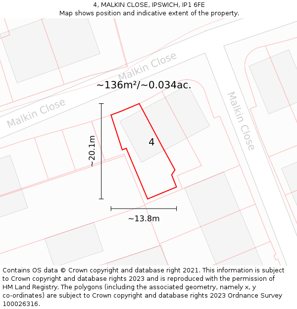 4, MALKIN CLOSE, IPSWICH, IP1 6FE: Plot and title map