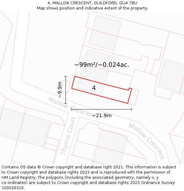 4, MALLOW CRESCENT, GUILDFORD, GU4 7BU: Plot and title map