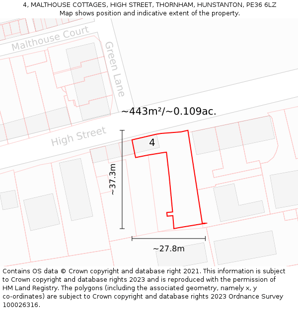 4, MALTHOUSE COTTAGES, HIGH STREET, THORNHAM, HUNSTANTON, PE36 6LZ: Plot and title map