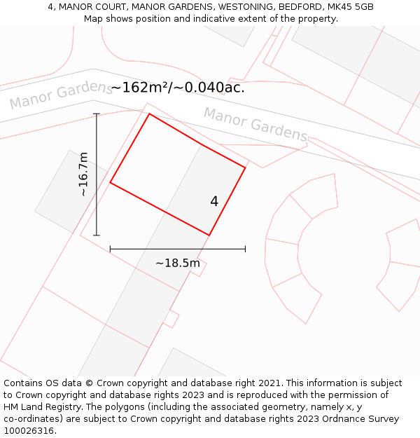 4, MANOR COURT, MANOR GARDENS, WESTONING, BEDFORD, MK45 5GB: Plot and title map