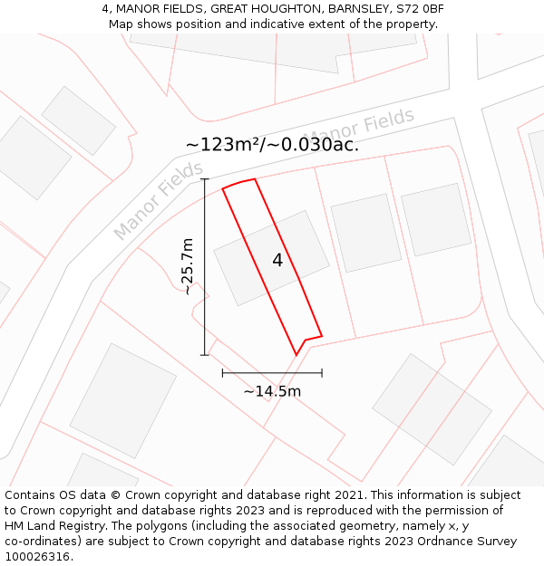 4, MANOR FIELDS, GREAT HOUGHTON, BARNSLEY, S72 0BF: Plot and title map