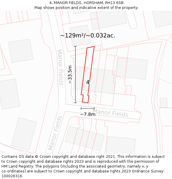 4, MANOR FIELDS, HORSHAM, RH13 6SB: Plot and title map