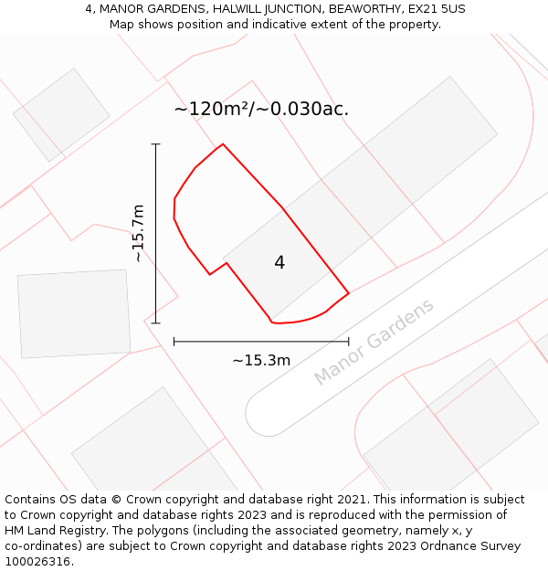 4, MANOR GARDENS, HALWILL JUNCTION, BEAWORTHY, EX21 5US: Plot and title map