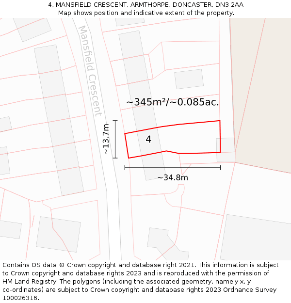 4, MANSFIELD CRESCENT, ARMTHORPE, DONCASTER, DN3 2AA: Plot and title map