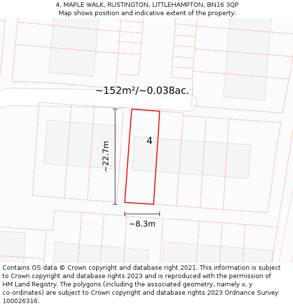 4, MAPLE WALK, RUSTINGTON, LITTLEHAMPTON, BN16 3QP: Plot and title map