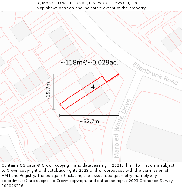 4, MARBLED WHITE DRIVE, PINEWOOD, IPSWICH, IP8 3TL: Plot and title map