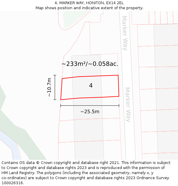 4, MARKER WAY, HONITON, EX14 2EL: Plot and title map