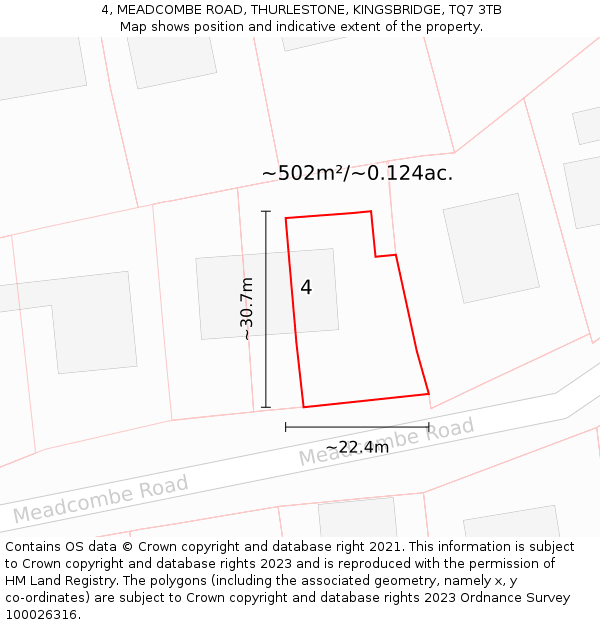 4, MEADCOMBE ROAD, THURLESTONE, KINGSBRIDGE, TQ7 3TB: Plot and title map