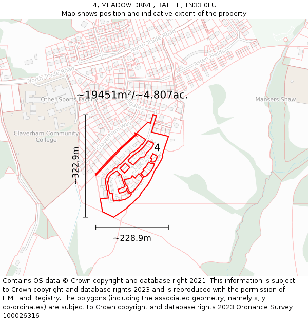 4, MEADOW DRIVE, BATTLE, TN33 0FU: Plot and title map