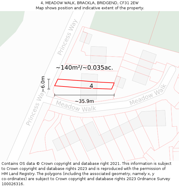 4, MEADOW WALK, BRACKLA, BRIDGEND, CF31 2EW: Plot and title map