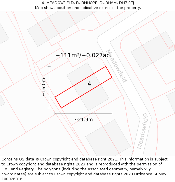 4, MEADOWFIELD, BURNHOPE, DURHAM, DH7 0EJ: Plot and title map