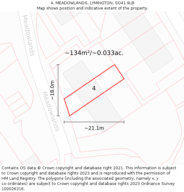 4, MEADOWLANDS, LYMINGTON, SO41 9LB: Plot and title map