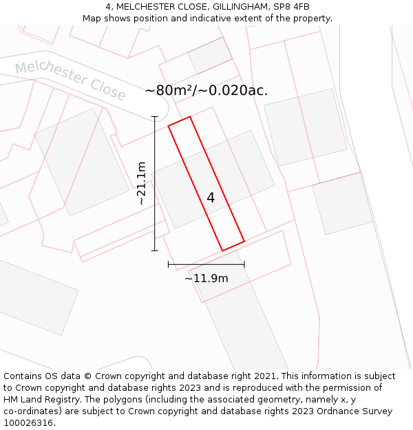 4, MELCHESTER CLOSE, GILLINGHAM, SP8 4FB: Plot and title map