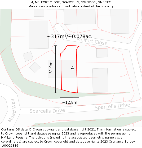 4, MELFORT CLOSE, SPARCELLS, SWINDON, SN5 5FG: Plot and title map