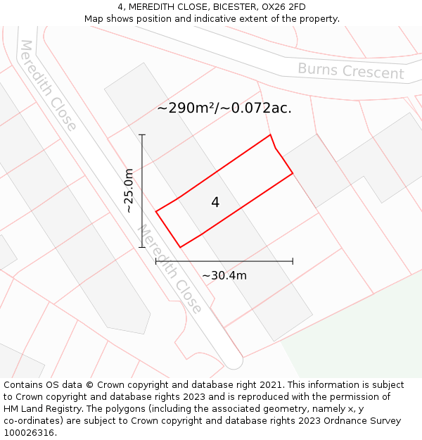 4, MEREDITH CLOSE, BICESTER, OX26 2FD: Plot and title map