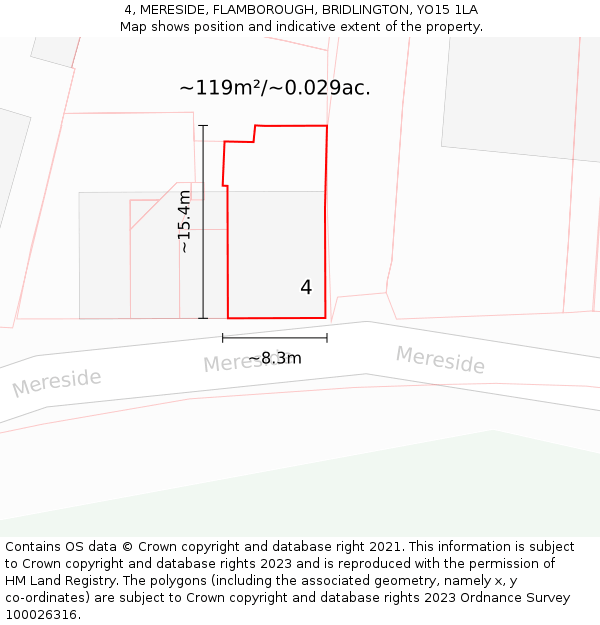 4, MERESIDE, FLAMBOROUGH, BRIDLINGTON, YO15 1LA: Plot and title map