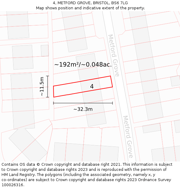 4, METFORD GROVE, BRISTOL, BS6 7LG: Plot and title map