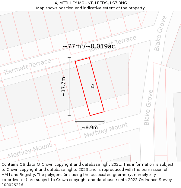 4, METHLEY MOUNT, LEEDS, LS7 3NG: Plot and title map