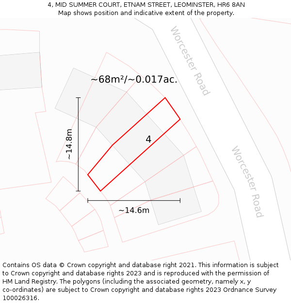 4, MID SUMMER COURT, ETNAM STREET, LEOMINSTER, HR6 8AN: Plot and title map