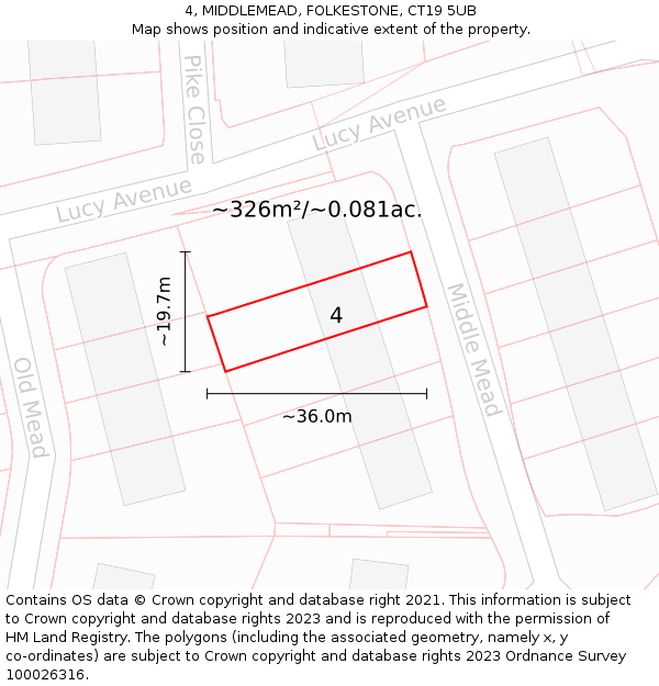 4, MIDDLEMEAD, FOLKESTONE, CT19 5UB: Plot and title map